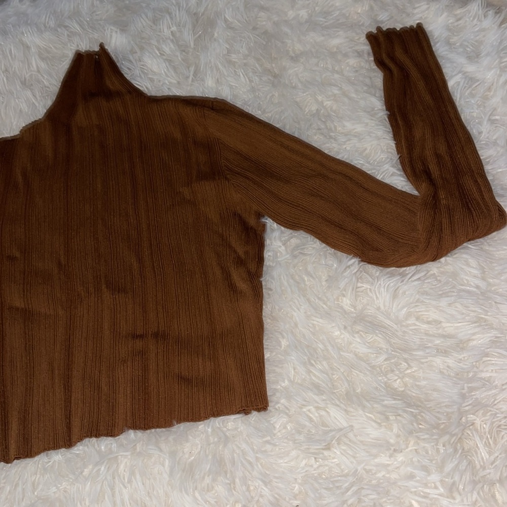 ZARA Ribbed Stretch Knit Long Sleeve High Neck Crop Top Caramel Brown - Picture 4 of 5
